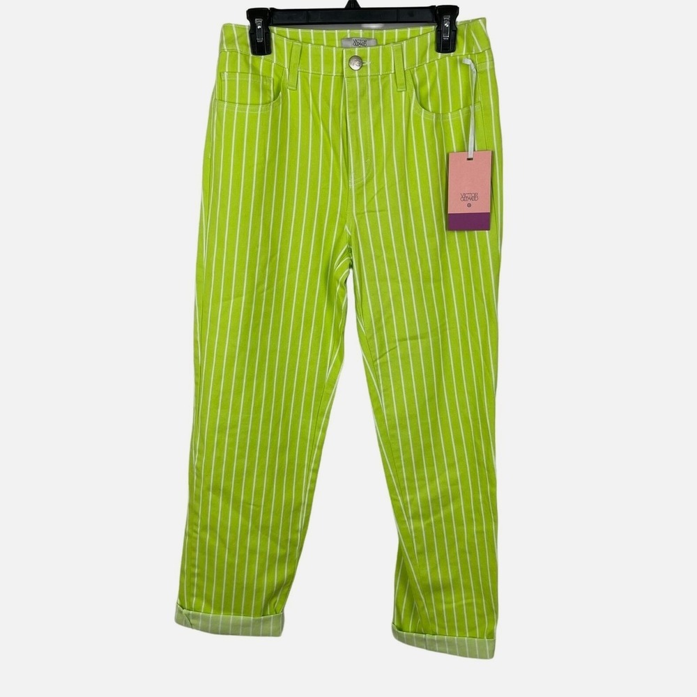 Victor Glemaud Women Lime Green White Pinstripe Straight Leg Pants Size 8